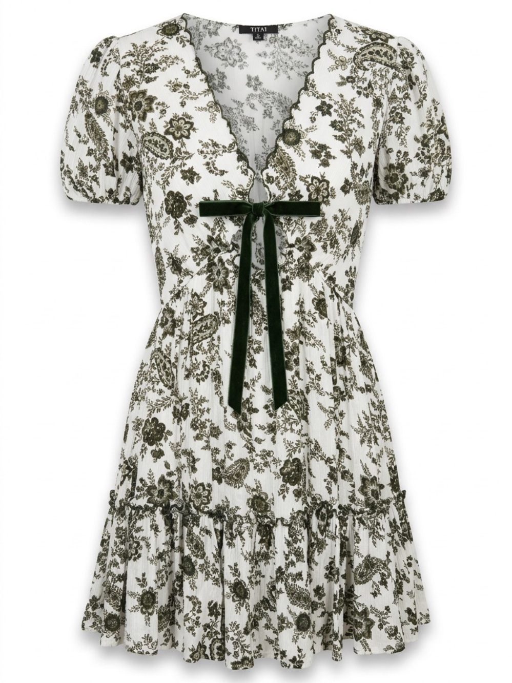 Trixxi White Dress with Olive Floral Print and Velvet Tie |Cottagecore